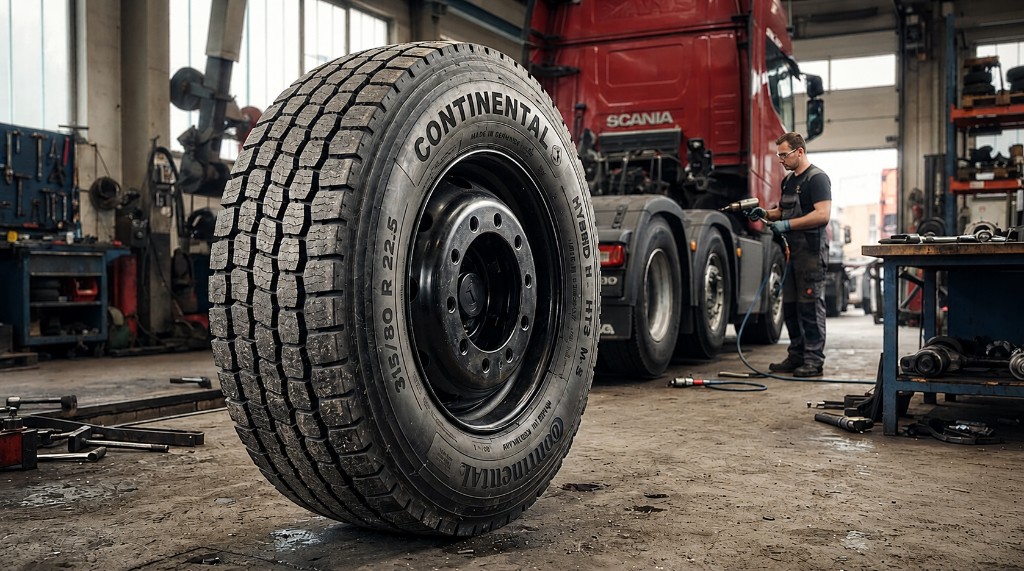 Continental LKW-Reifen in einer Werkstatt vor einem roten Scania